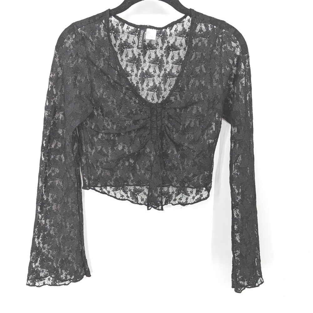 Whimsygoth Crop Top Womens Small Black Sheer Floral Lace Ruched Bell Sleeve